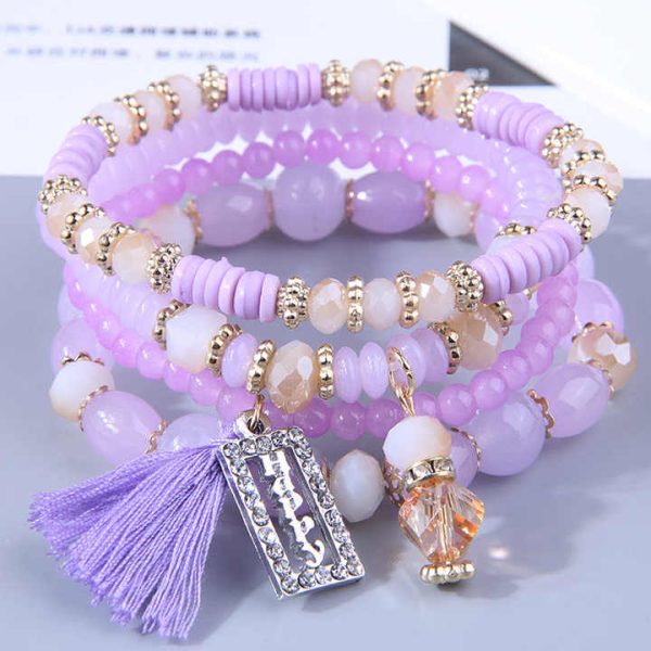 Bohemia Jewelry 4Pcs/Set Tassel Square Shape Happy Charm Bracelet Handmade Multi Layer Colorful Beads Crystal Bracelet for Women