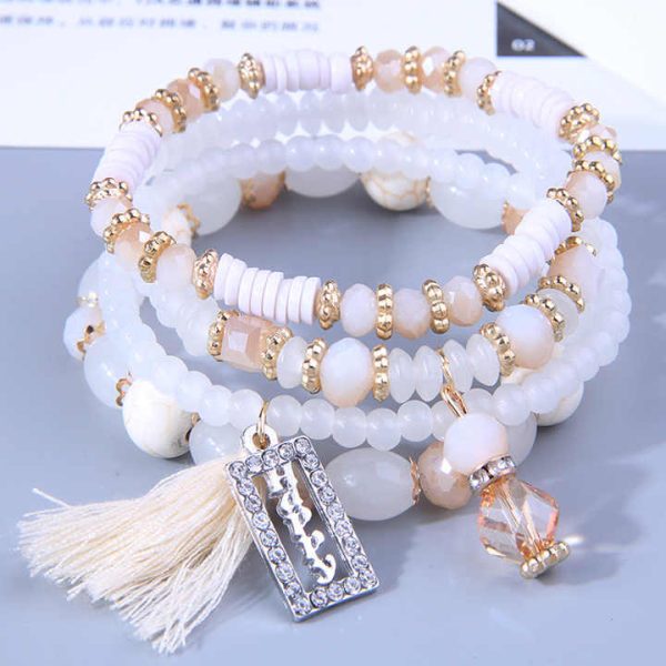 Bohemia Jewelry 4Pcs/Set Tassel Square Shape Happy Charm Bracelet Handmade Multi Layer Colorful Beads Crystal Bracelet for Women