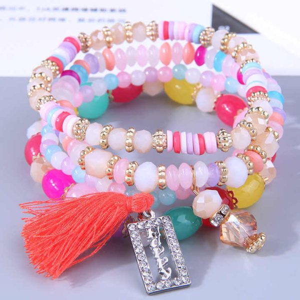 Bohemia Jewelry 4Pcs/Set Tassel Square Shape Happy Charm Bracelet Handmade Multi Layer Colorful Beads Crystal Bracelet for Women