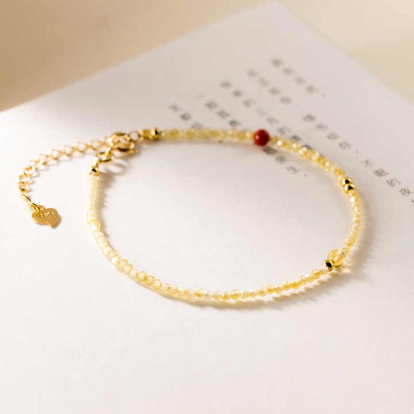 Dainty Crystal Stacking Bracelet 925 Sterling Silver 2mm Faceted Citrine Beaded Adjustable Bracelet for Women