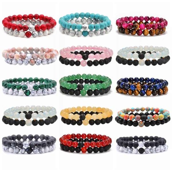 European and American Natural Stone Crystal Bracelet 8mm Volcanic Tiger Stone White Pine Agate Stretch Beaded Bangle