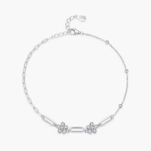 Romantic Flower Bracelet Real 925 Sterling Silver Adjustable Chain Bracelets Fashion Shiny Crystal Wedding Lady Jewelry