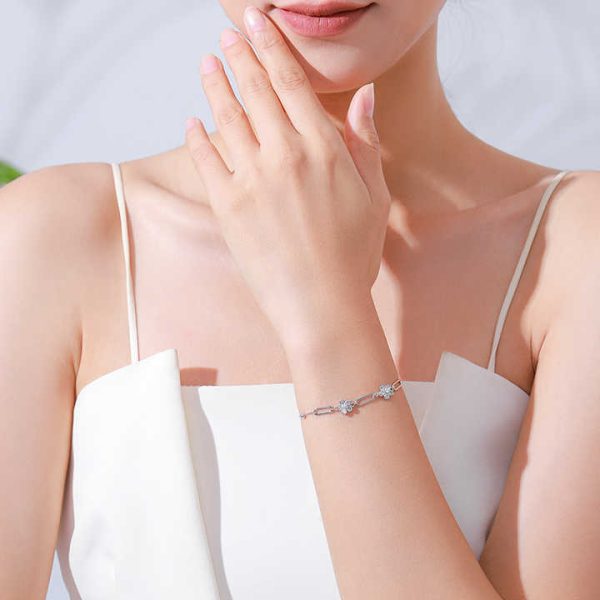 Romantic Flower Bracelet Real 925 Sterling Silver Adjustable Chain Bracelets Fashion Shiny Crystal Wedding Lady Jewelry