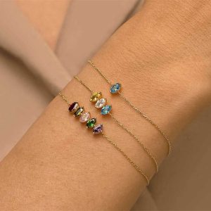 Adjustable Birthstone 925 Sterling Silver Bracelet with Cubic Zirconia Crystals Trendy Chain Jewelry for Women