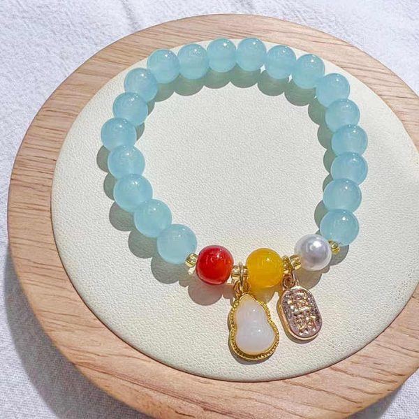 Fashion Imitation Jade FU Lucky Pendant Bracelet for Women Crystal Gemstone Beads Gold Handmade Bracelet for Women Gift