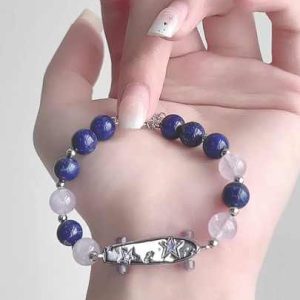 Romantic 925 Sterling Silver Skateboard Charm Bracelet with Amethyst and Natural Crystals - Beaded Healing Jewelry Gift for Women