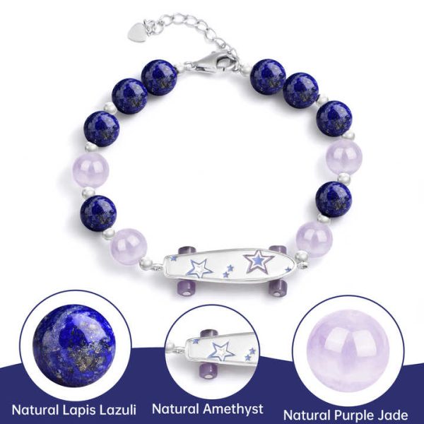 Cute 925 Silver Skateboard Charms Statement Jewelry Healing Amethyst Energy Crystal Women Beaded Bracelets for Gift