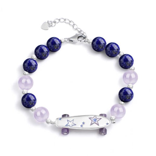 Cute 925 Silver Skateboard Charms Statement Jewelry Healing Amethyst Energy Crystal Women Beaded Bracelets for Gift