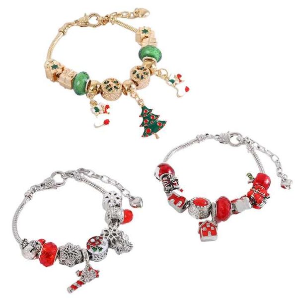 Lady Fashion Christmas Pan Crystal Large Hole Beaded Bracelet Children Snake Bone Snowflake Chain Bangle Woman Gift