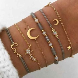 Boho Crystal Charm Bead Bracelet Set with Moon Star Design - Silver Gold Plated Link Chain Bohemian Jewelry Gift for Women