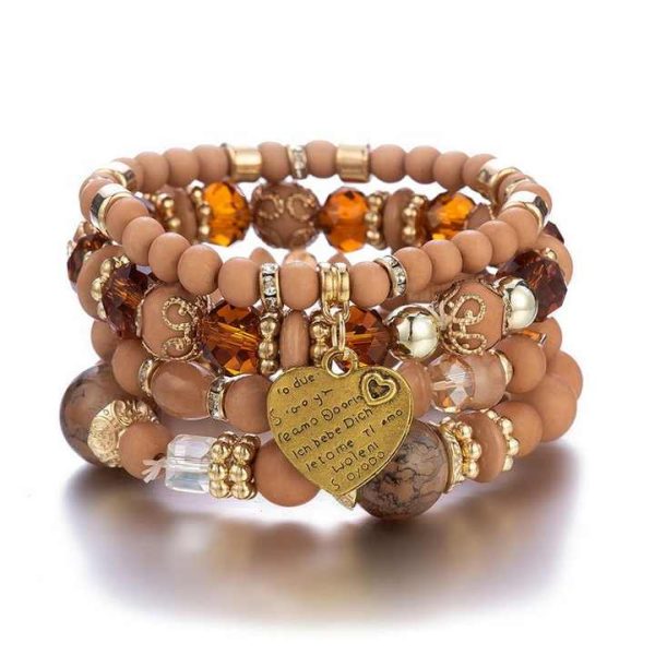 Wholesale Bohemian National Style Multi-layer Bracelet Crystal Heart Charm Frosted Beads Bracelet for Women