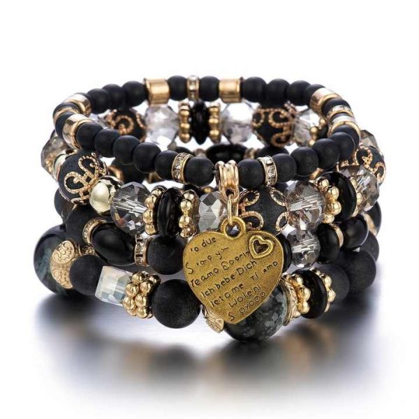 Wholesale Bohemian National Style Multi-layer Bracelet Crystal Heart Charm Frosted Beads Bracelet for Women