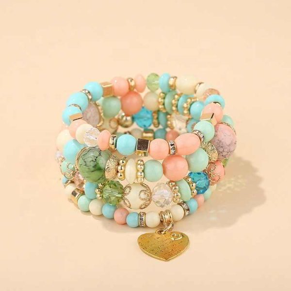 Wholesale Bohemian National Style Multi-layer Bracelet Crystal Heart Charm Frosted Beads Bracelet for Women