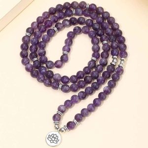 108 Mala Beads 8mm Natural Amethyst Beaded Bracelet with Lotus Charm for Meditation