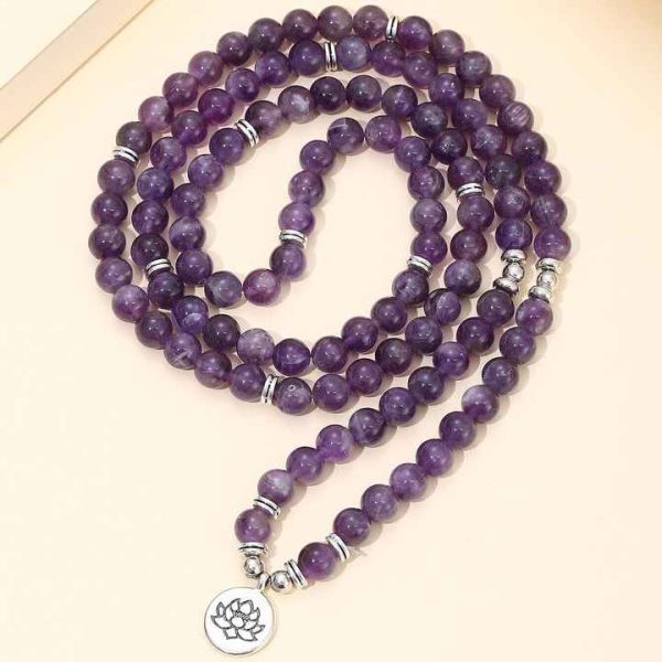 108 Mala Beads 8mm Amethyst Purple Crystal Beaded Bracelet Lotus Charm Necklace