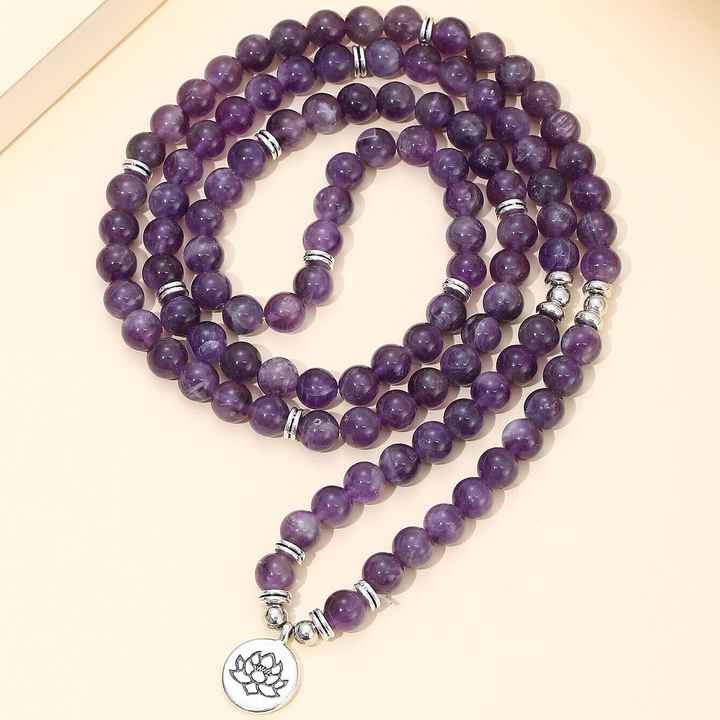108 Mala Beads 8mm Amethyst Purple Crystal Beaded Bracelet Lotus Charm Necklace