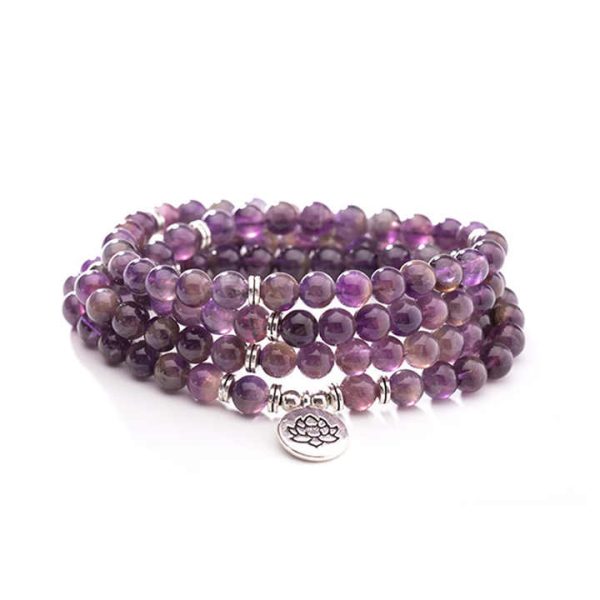 108 Mala Beads 8mm Amethyst Purple Crystal Beaded Bracelet Lotus Charm Necklace