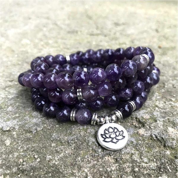 108 Mala Beads 8mm Amethyst Purple Crystal Beaded Bracelet Lotus Charm Necklace