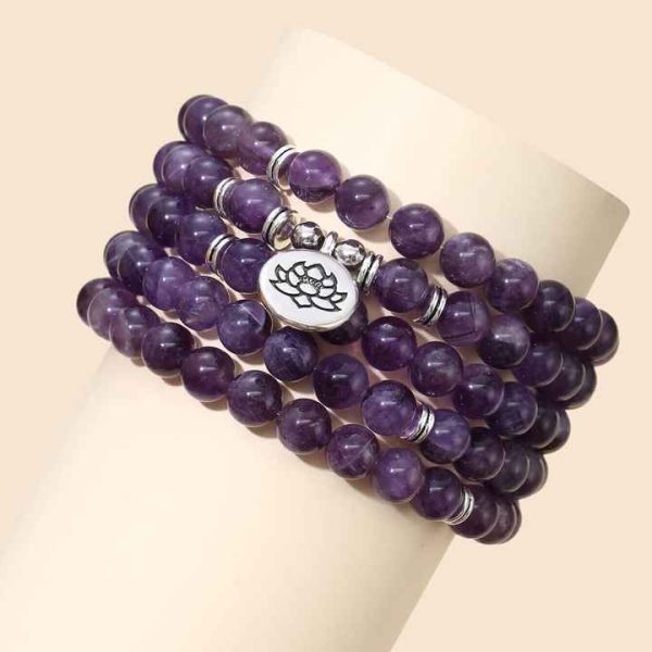 108 Mala Beads 8mm Amethyst Purple Crystal Beaded Bracelet Lotus Charm Necklace