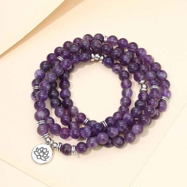 108 Mala Beads 8mm Amethyst Purple Crystal Beaded Bracelet Lotus Charm Necklace