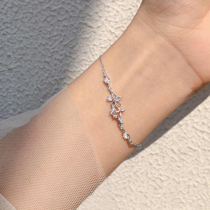 Korean 925 Sterling Silver Link Chain Bracelet Pulsera De Plata 925 Crystal Flower Charm Bracelet for Women Wedding Jewelry