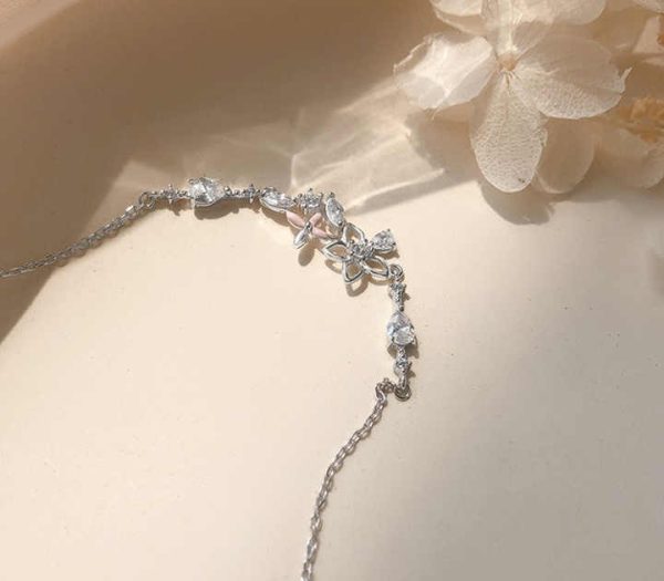 Korean 925 Sterling Silver Link Chain Bracelet Pulsera De Plata 925 Crystal Flower Charm Bracelet for Women Wedding Jewelry
