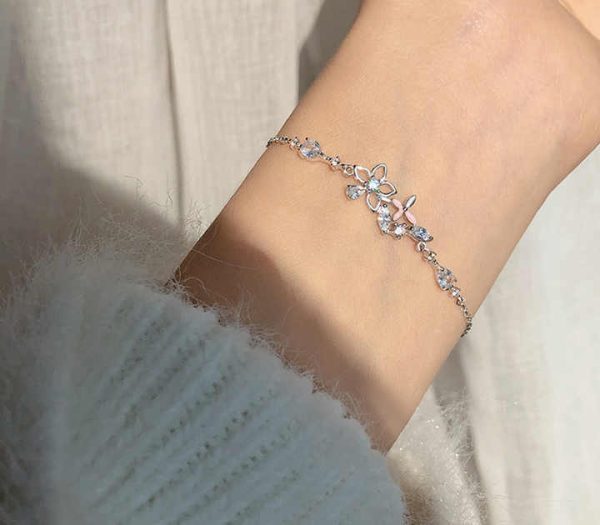 Korean 925 Sterling Silver Link Chain Bracelet Pulsera De Plata 925 Crystal Flower Charm Bracelet for Women Wedding Jewelry