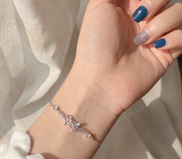 Korean 925 Sterling Silver Link Chain Bracelet Pulsera De Plata 925 Crystal Flower Charm Bracelet for Women Wedding Jewelry