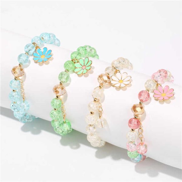 Cute Girls Lucky Jewelry Colorful Pink Blue Enamel Flower Charm Elastic Bracelet Adjustable Crystal Beaded Bracelet for Party