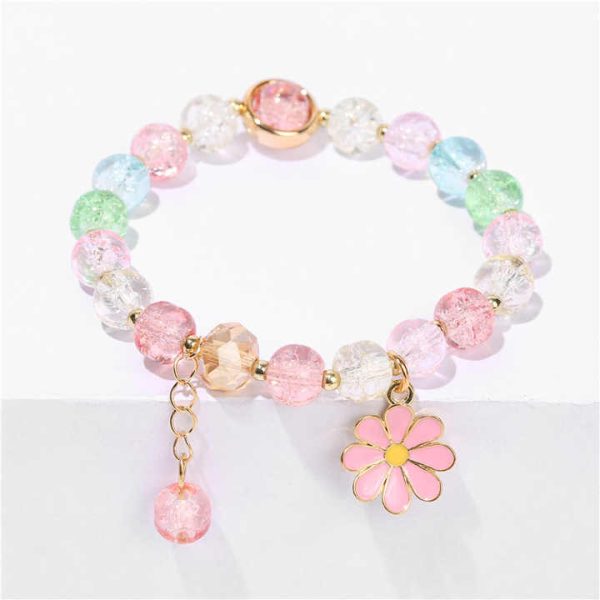 Cute Girls Lucky Jewelry Colorful Pink Blue Enamel Flower Charm Elastic Bracelet Adjustable Crystal Beaded Bracelet for Party