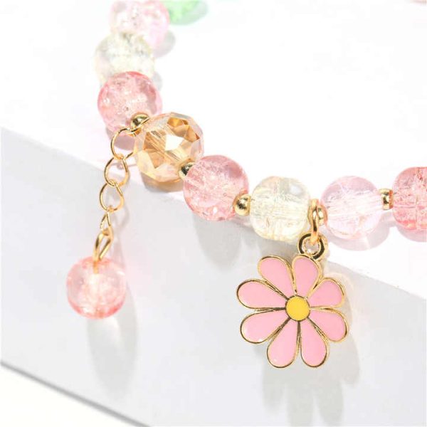 Cute Girls Lucky Jewelry Colorful Pink Blue Enamel Flower Charm Elastic Bracelet Adjustable Crystal Beaded Bracelet for Party