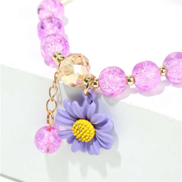 Cute Girls Lucky Jewelry Colorful Pink Blue Enamel Flower Charm Elastic Bracelet Adjustable Crystal Beaded Bracelet for Party