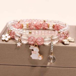 Trendy Double Layer Natural Stone Beads Charm Bracelet with Rabbit Pendant