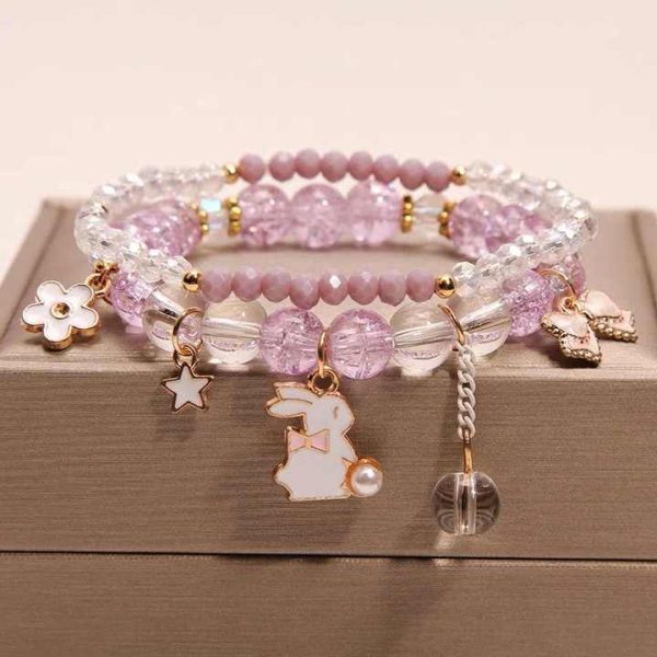 Fashion Sweet Strawberry Crystal Agate Beads Bracelet Double Layers Crystal Beads Bracelets With Rabbit Pendant Decor