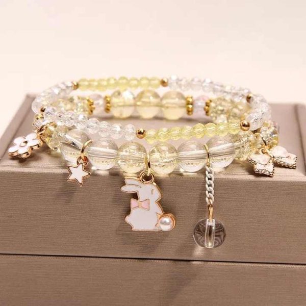 Fashion Sweet Strawberry Crystal Agate Beads Bracelet Double Layers Crystal Beads Bracelets With Rabbit Pendant Decor