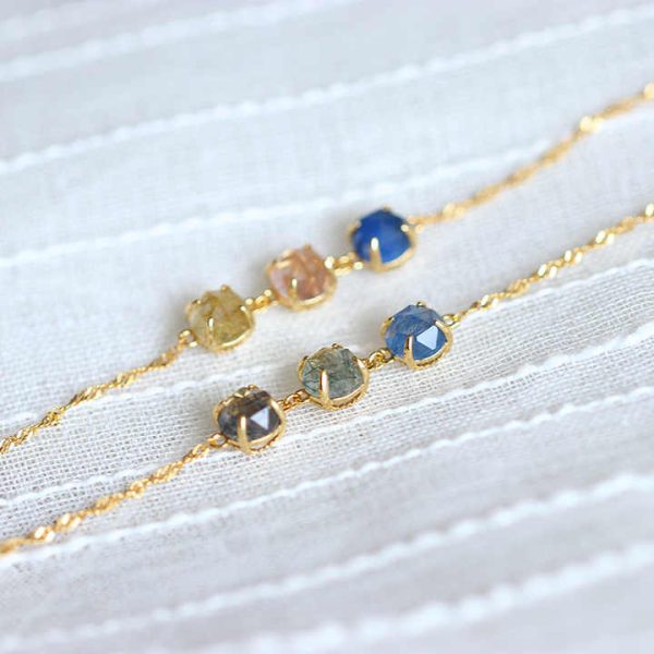 925 Sterling Silver Chain With Crystal Gem Bracelet,Natural Rutilated Quartz Bracelet,Custom Family Birthstone Bracelet