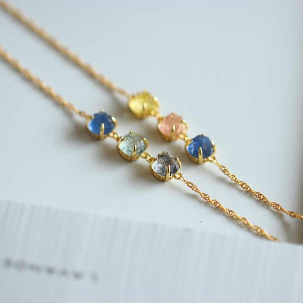 925 Sterling Silver Chain With Crystal Gem Bracelet,Natural Rutilated Quartz Bracelet,Custom Family Birthstone Bracelet