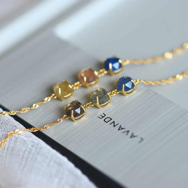 925 Sterling Silver Chain With Crystal Gem Bracelet,Natural Rutilated Quartz Bracelet,Custom Family Birthstone Bracelet