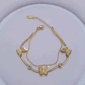 18K Gold Plated Titanium Steel Crystal Butterfly Double Chain Bracelet for Women Girls Gift Wedding Party