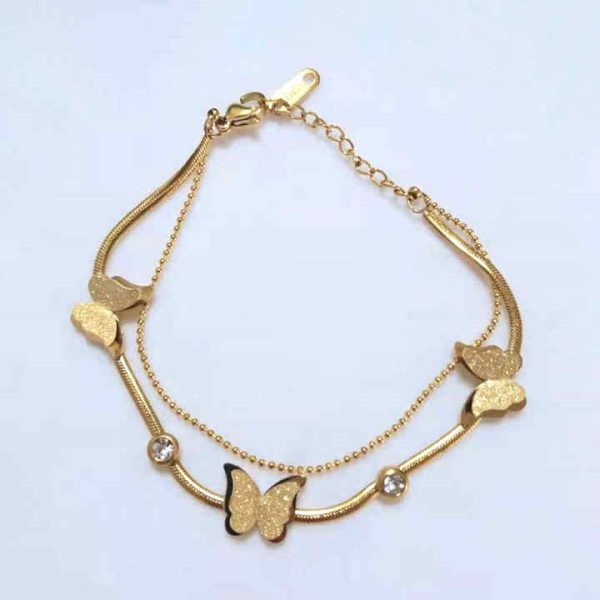 Fashion Stainless Steel 18K Gold Plated Diamond Jewelry Crystal Butterfly Double Chain Bracelet for Omen Jewelry