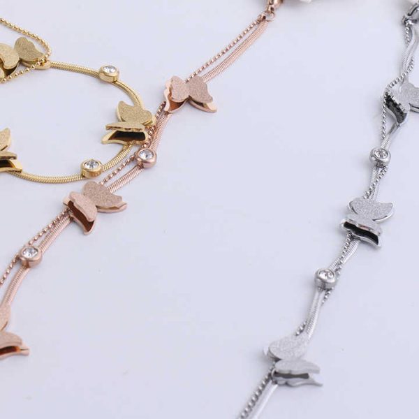 Fashion Stainless Steel 18K Gold Plated Diamond Jewelry Crystal Butterfly Double Chain Bracelet for Omen Jewelry