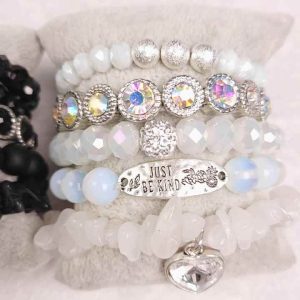 Bohemian Beaded Stackable Bracelet with Natural Stone Crystal Glass Beads and Heart Charm for Women Adjustable Sizes
