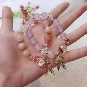 Trendy Natural Stone Charm Bracelet with Candy Color Crystal Beads and Flower Leaf Pendant for Women Girls - Gold Silver Plated Jewelry Gift for Wedding Engagement Party
