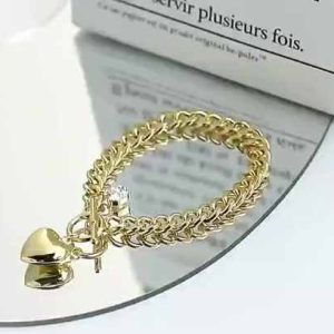 18K Gold Plated Stainless Steel Cuban Link Bracelet with Crystal Heart Pendant and OT Clasp for Women