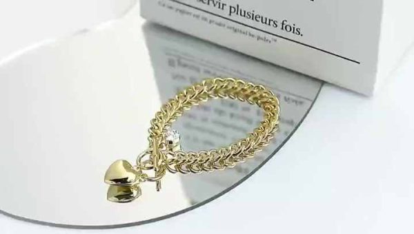 18K Gold Plated Stainless Steel Cuban Link Bracelet with Crystal Heart Pendant and OT Clasp for Women