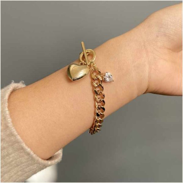 Stainless Steel 18K Gold Plated Crystal Love Heart Pendant Cuban Link Bracelets OT Clasp Bangles