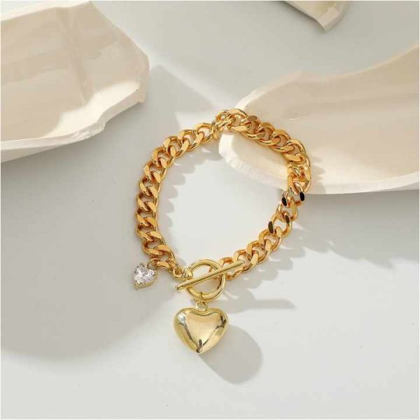 Stainless Steel 18K Gold Plated Crystal Love Heart Pendant Cuban Link Bracelets OT Clasp Bangles