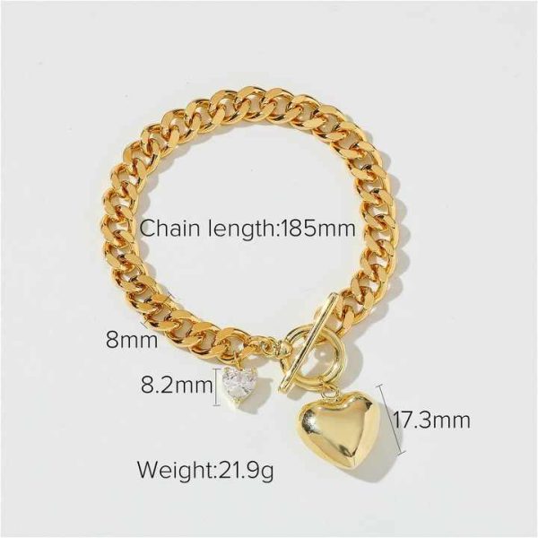 Stainless Steel 18K Gold Plated Crystal Love Heart Pendant Cuban Link Bracelets OT Clasp Bangles