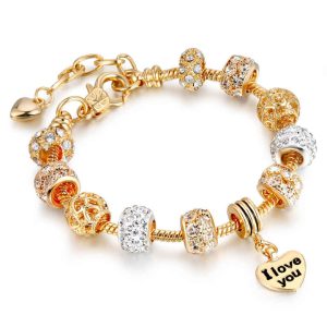 Classic Gold Plated Alloy Crystal Rhinestone Heart Pendant Chain Bracelet for Women