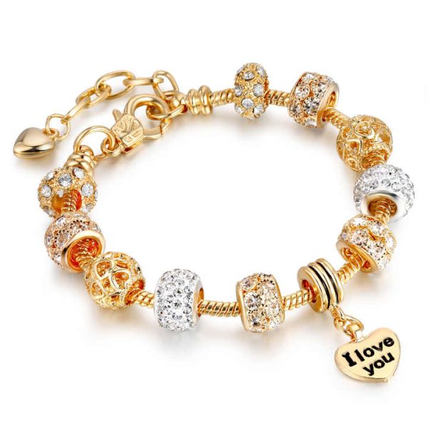 Charm Gold Bracelet Luxury Crystal Beaded Bracelet Heart Pendant Bracelet Women Jewelry